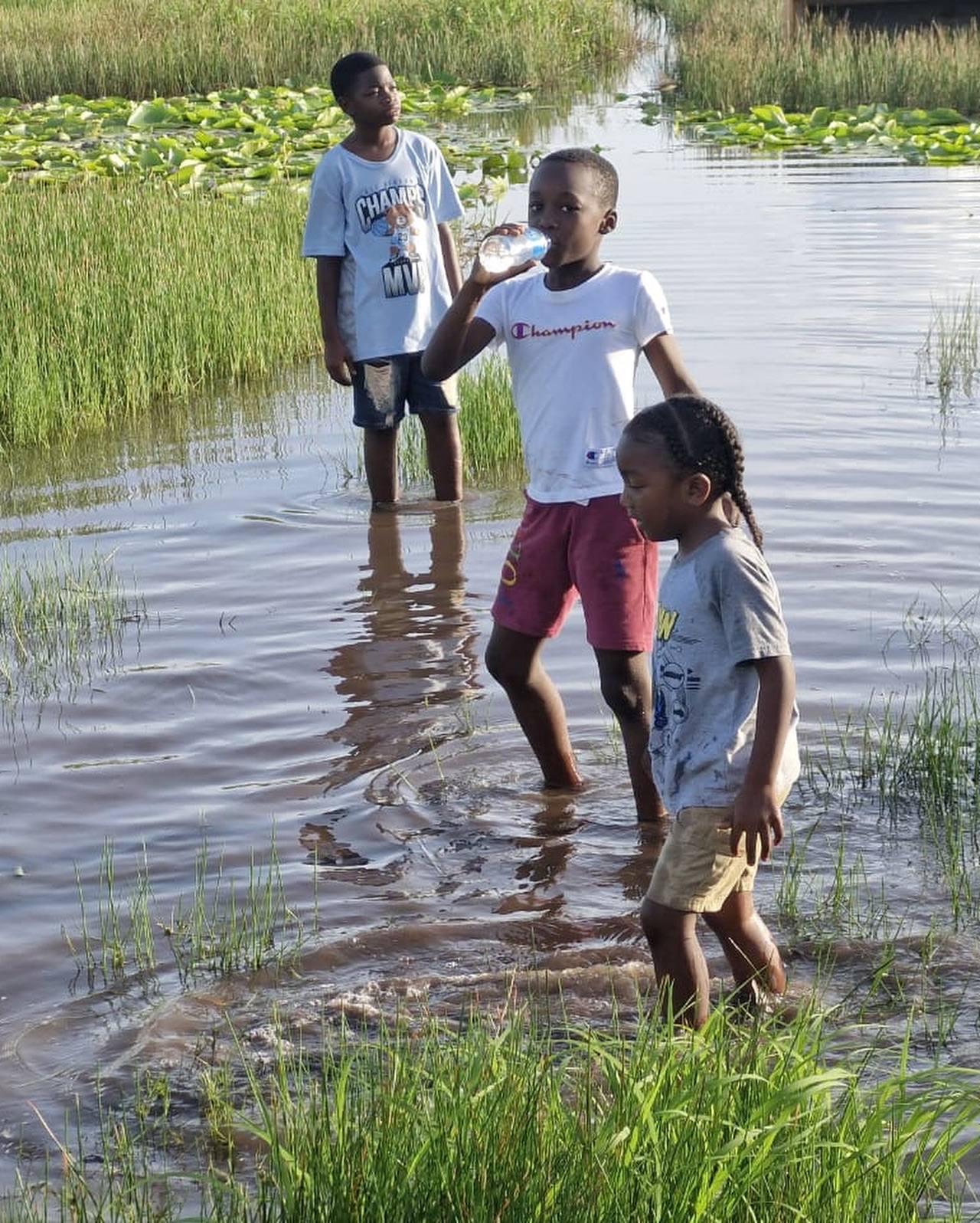 NYLB youth standing together in a wetland setting